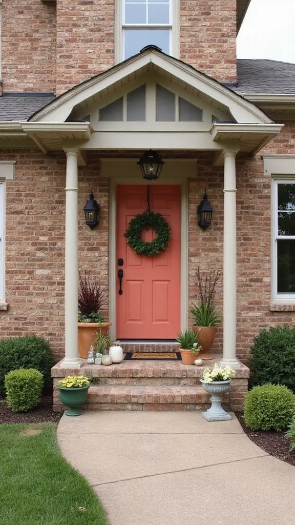 45 Tan Brick House Exterior Color Schemes That Pop - 12. Muted Coral with Soft Grays
