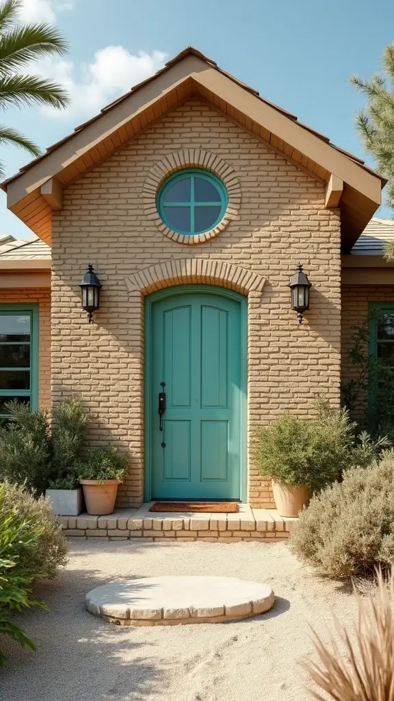 45 Tan Brick House Exterior Color Schemes That Pop - 13. Ocean Teal with Sandy Beige