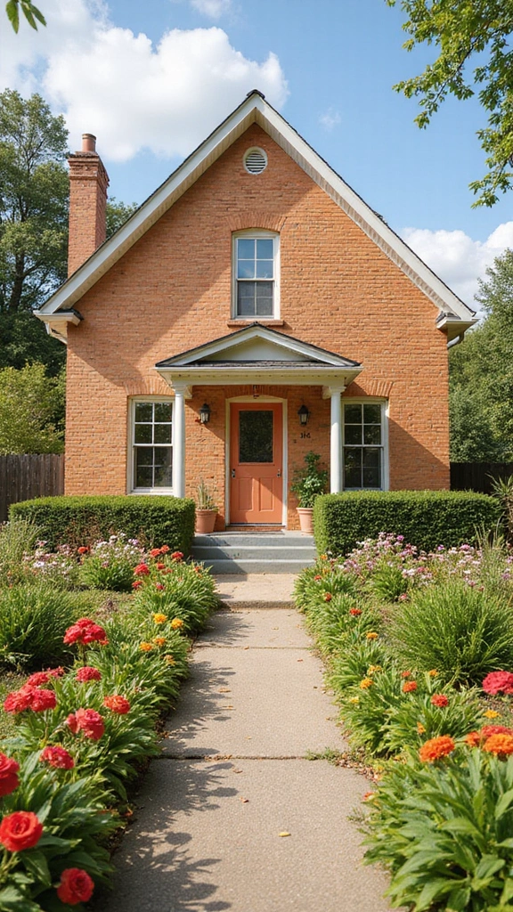 45 Tan Brick House Exterior Color Schemes That Pop - 14. Warm Peach with Clean Whites