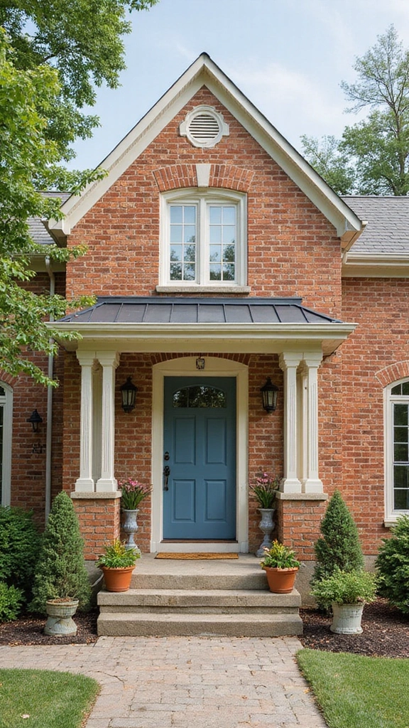 45 Tan Brick House Exterior Color Schemes That Pop - 15. Smoky Blue and Creamy White