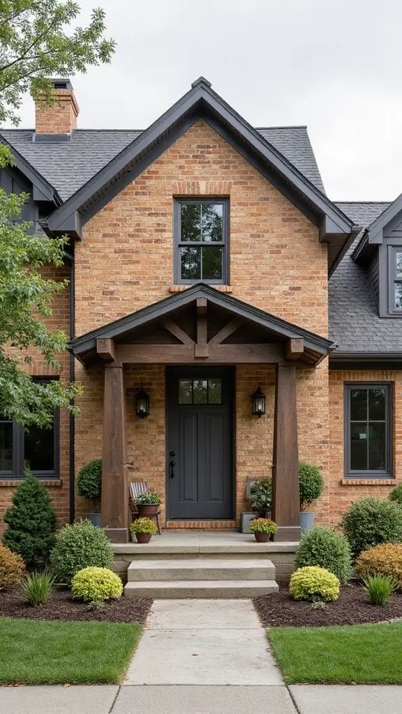 45 Tan Brick House Exterior Color Schemes That Pop - 16. Charcoal Gray with Warm Copper