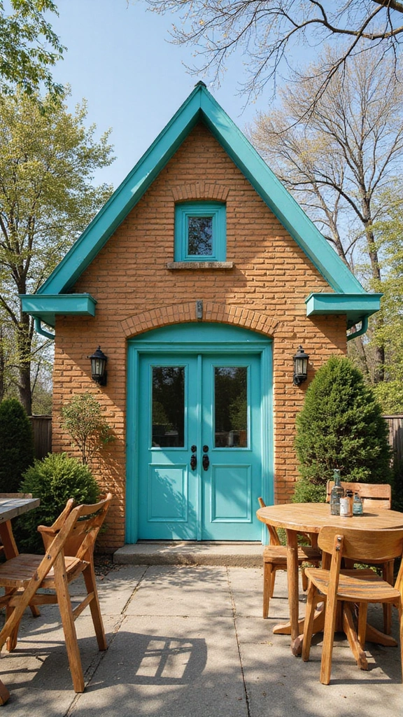 45 Tan Brick House Exterior Color Schemes That Pop - 17. Bright Cyan and Natural Wood