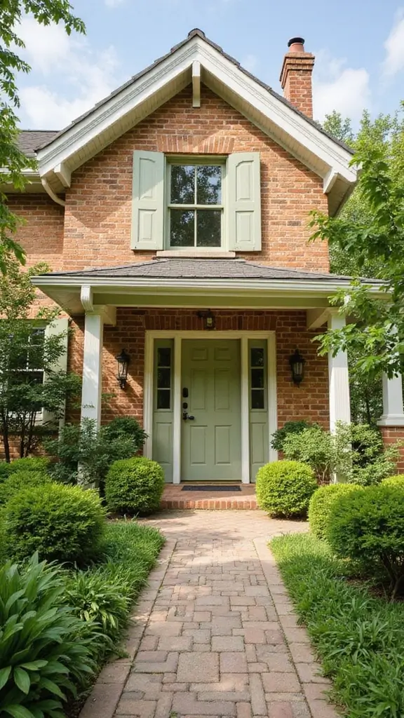 45 Tan Brick House Exterior Color Schemes That Pop - 19. Light Olive Green with Bright White