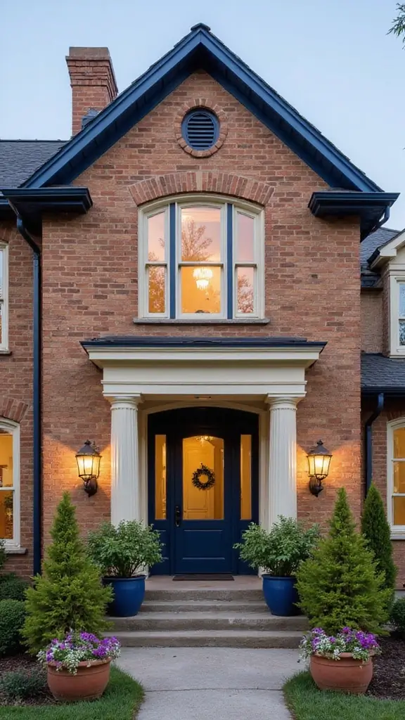 45 Tan Brick House Exterior Color Schemes That Pop - 2. Navy Blue with Creamy Undertones