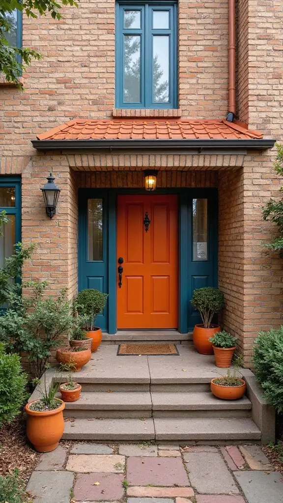 45 Tan Brick House Exterior Color Schemes That Pop - 20. Burnt Orange and Deep Blue