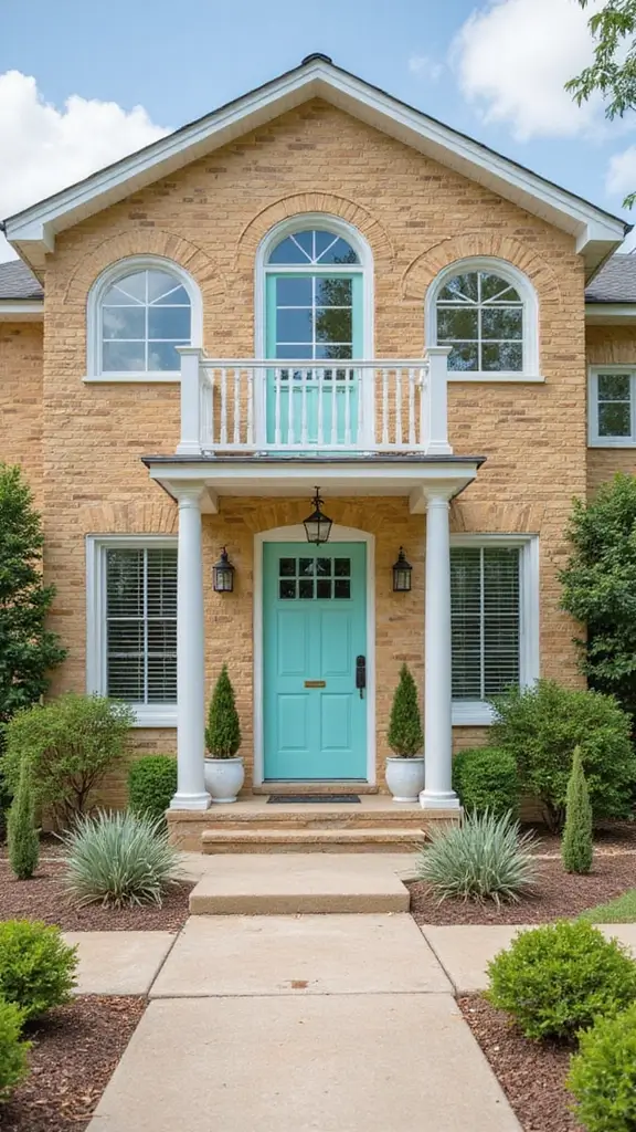 45 Tan Brick House Exterior Color Schemes That Pop - 21. Light Turquoise and Creamy White