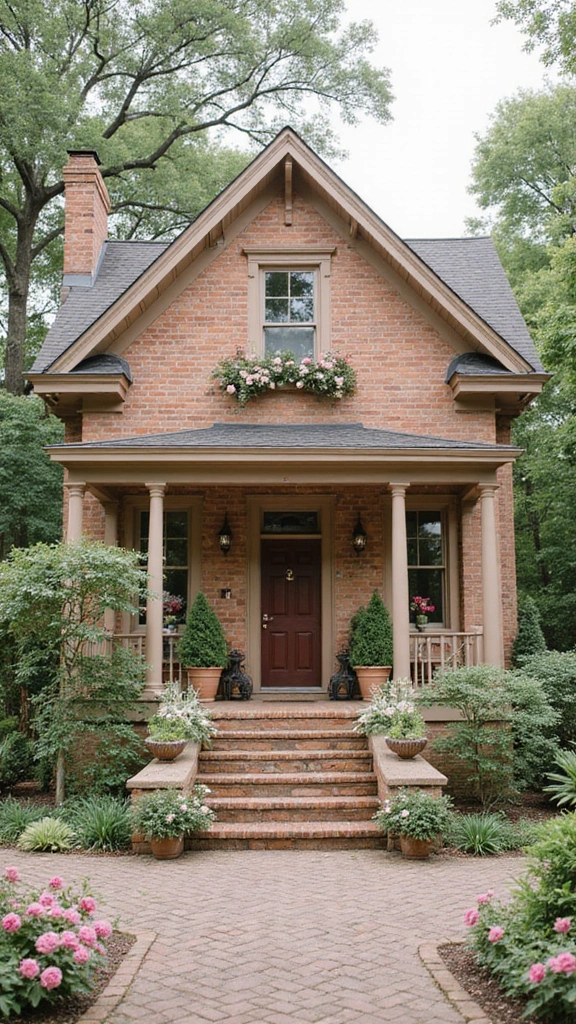 45 Tan Brick House Exterior Color Schemes That Pop - 22. Dusty Rose and Soft Gray