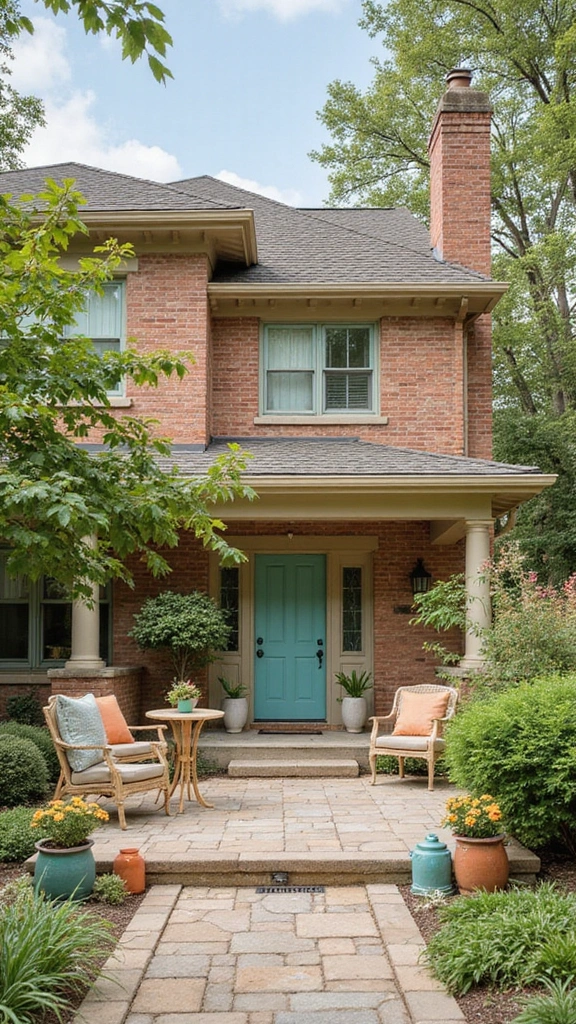45 Tan Brick House Exterior Color Schemes That Pop - 23. Soft Teal and Warm Beige