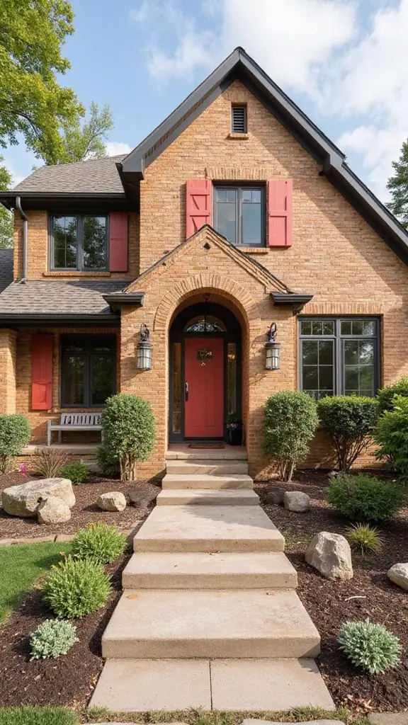 45 Tan Brick House Exterior Color Schemes That Pop - 25. Coral and Light Charcoal
