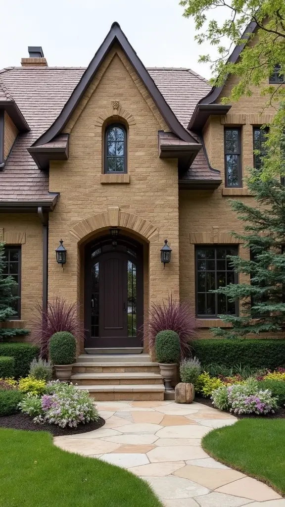 45 Tan Brick House Exterior Color Schemes That Pop - 27. Warm Gray with Soft Plum