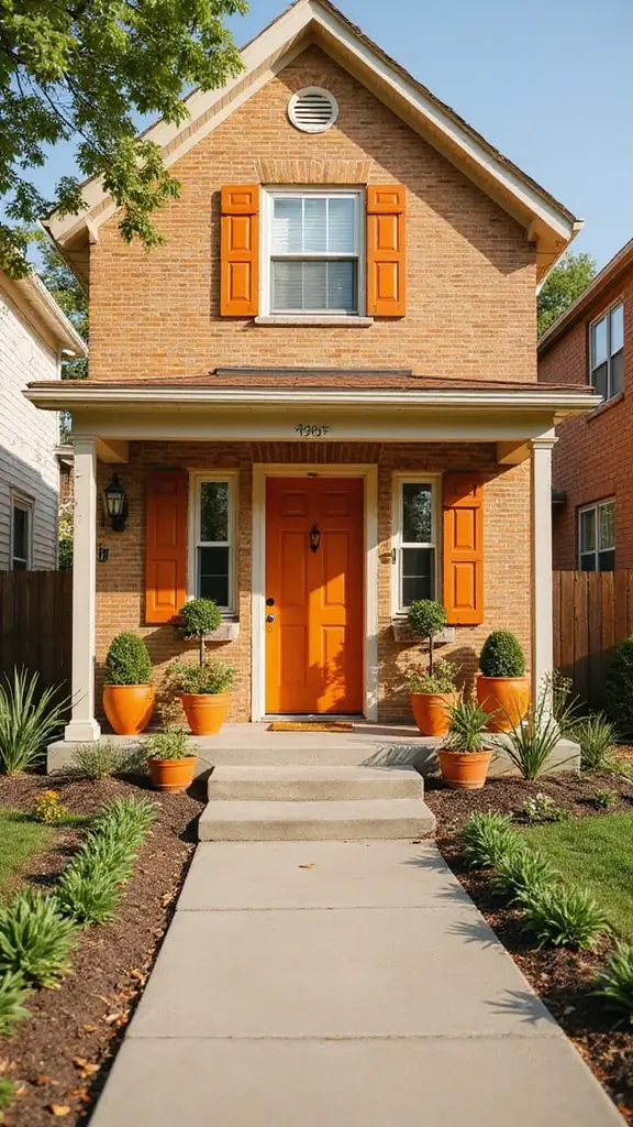 45 Tan Brick House Exterior Color Schemes That Pop - 28. Bright Orange and Creamy White