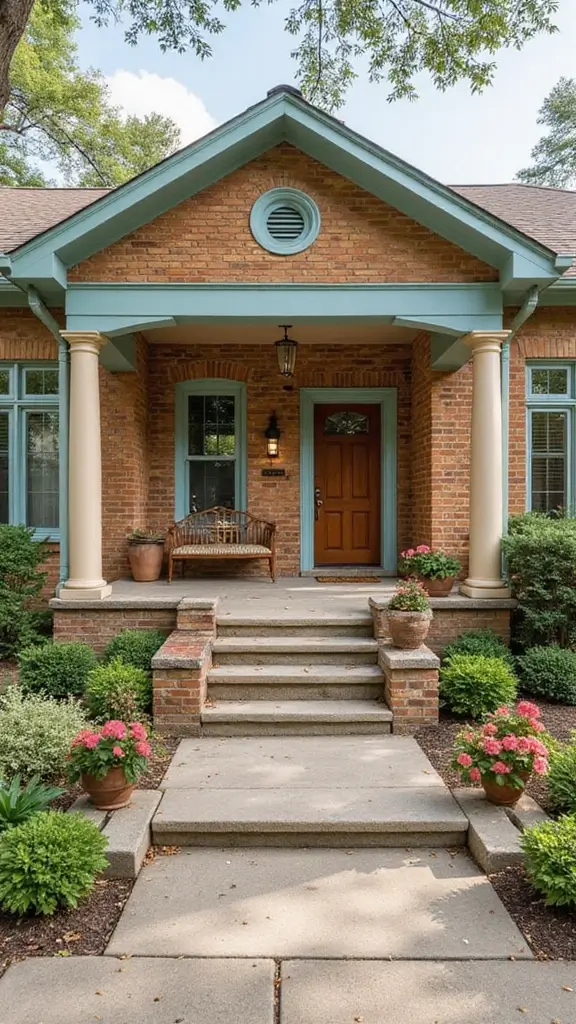 45 Tan Brick House Exterior Color Schemes That Pop - 29. Dusty Blue with Creamy Beige