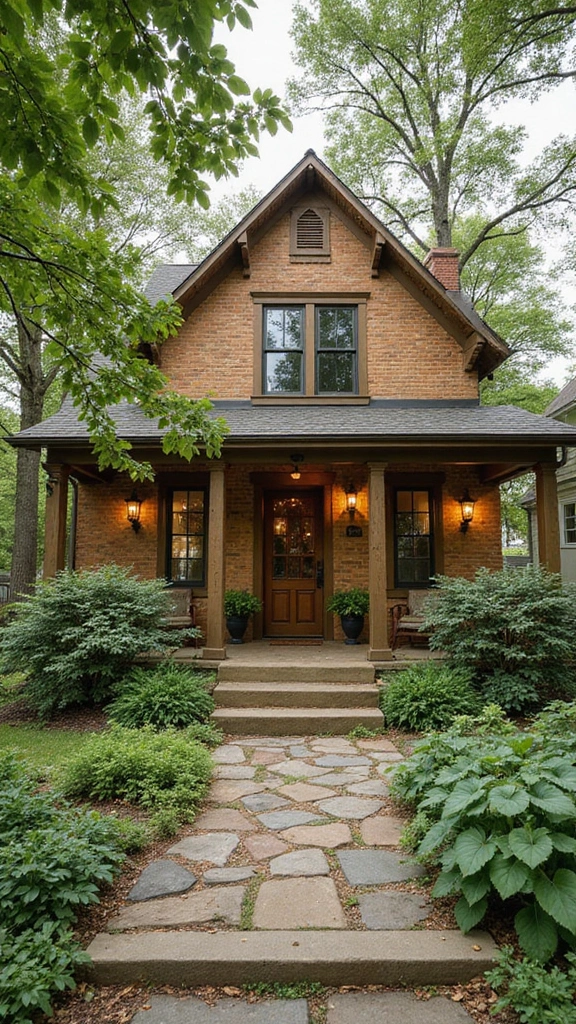45 Tan Brick House Exterior Color Schemes That Pop - 3. Earthy Greens with Natural Wood