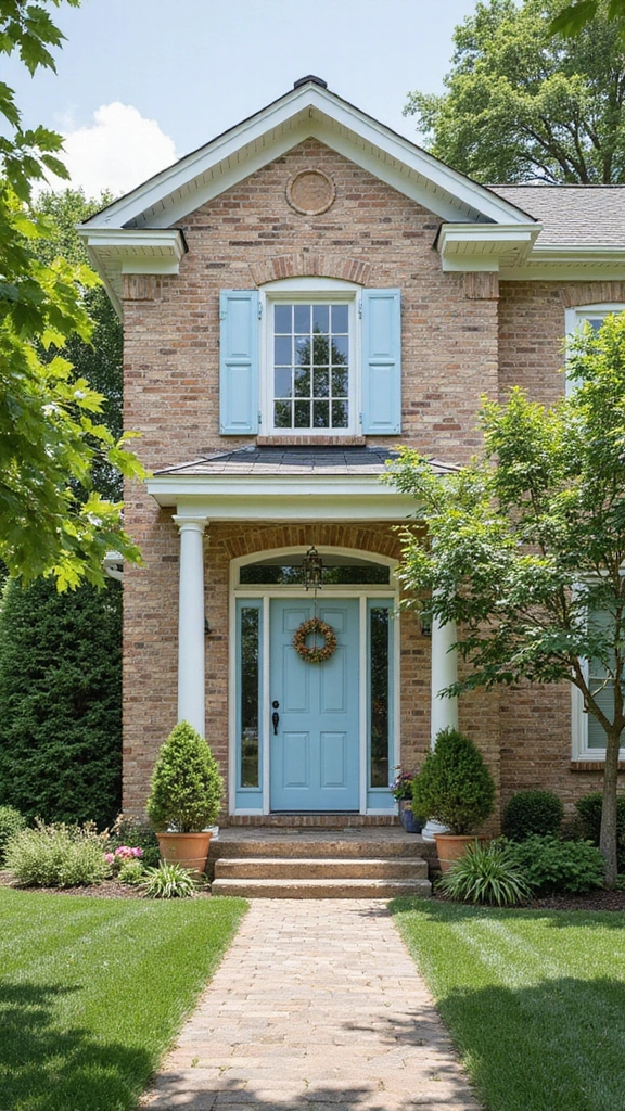 45 Tan Brick House Exterior Color Schemes That Pop - 30. Ice Blue and Soft White