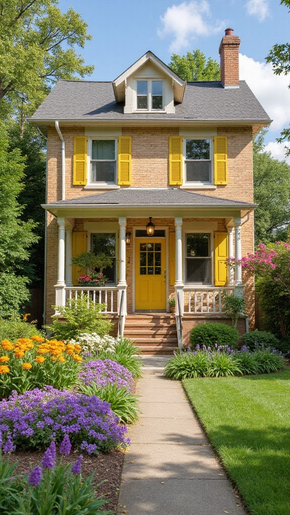 45 Tan Brick House Exterior Color Schemes That Pop - 31. Sunny Lemon Yellow with Gentle Grays