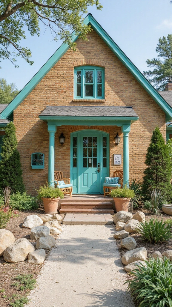 45 Tan Brick House Exterior Color Schemes That Pop - 33. Bright Aqua and Soft Sand