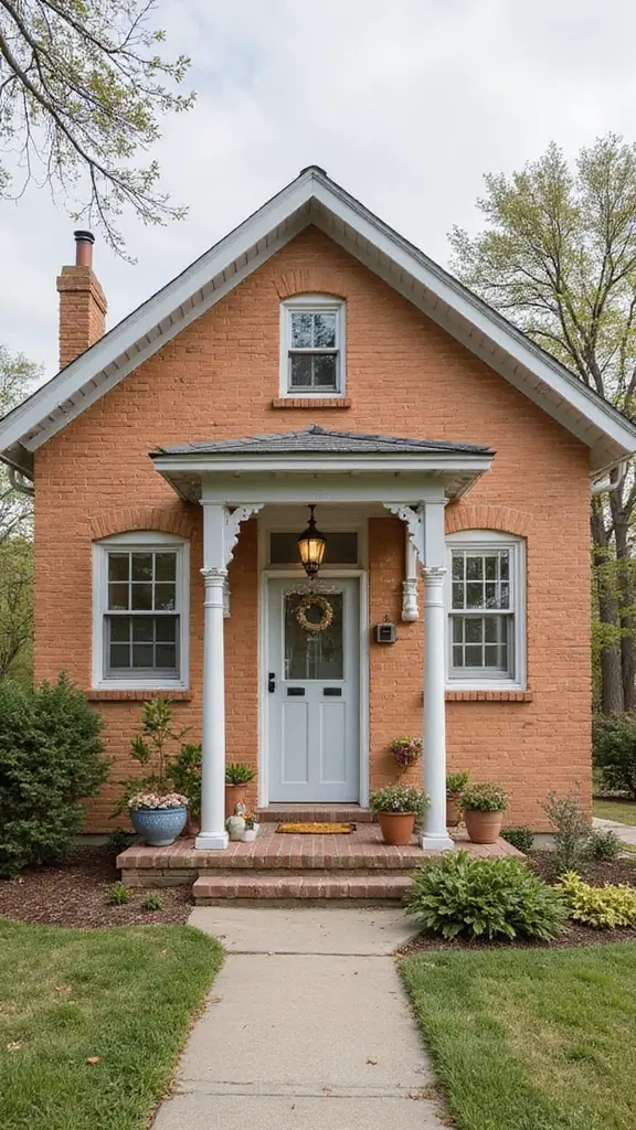 45 Tan Brick House Exterior Color Schemes That Pop - 35. Soft Peach and Gentle Gray