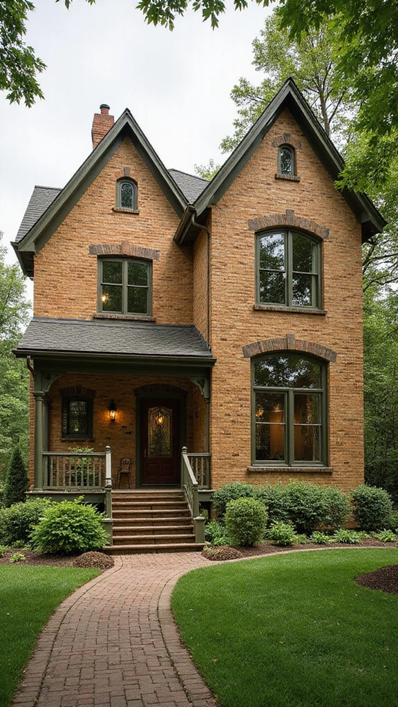 45 Tan Brick House Exterior Color Schemes That Pop - 36. Olive Green and Warm Taupe
