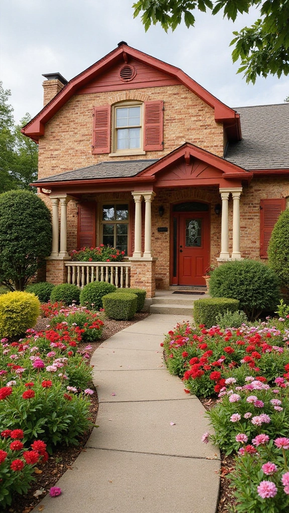 45 Tan Brick House Exterior Color Schemes That Pop - 37. Bright Red and Soft Cream