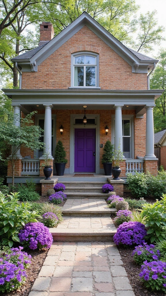 45 Tan Brick House Exterior Color Schemes That Pop - 41. Vibrant Purple and Soft Gray