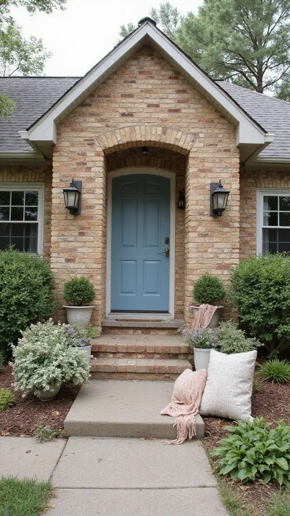 45 Tan Brick House Exterior Color Schemes That Pop - 43. Faded Blue with Soft Beige