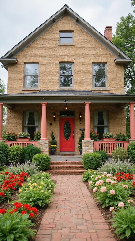 45 Tan Brick House Exterior Color Schemes That Pop - 44. Bright Coral and Soft Gray