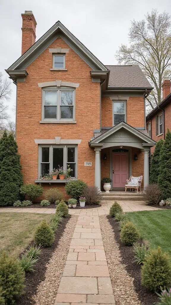 45 Tan Brick House Exterior Color Schemes That Pop - 45. Dusty Rose and Light Gray