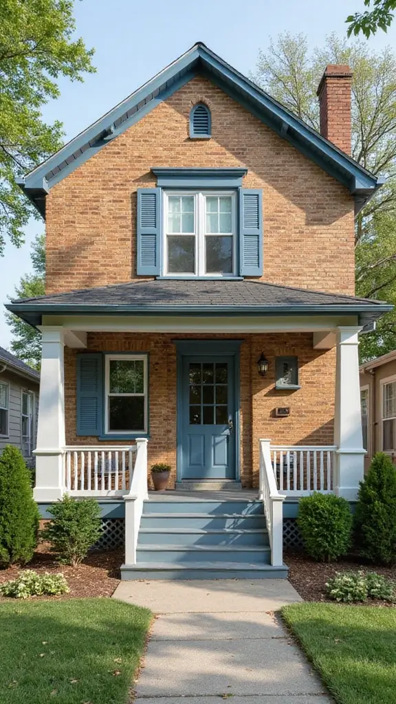 45 Tan Brick House Exterior Color Schemes That Pop - 6. Slate Blue and Crisp White