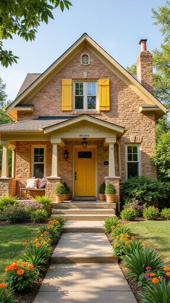 45 Tan Brick House Exterior Color Schemes That Pop - 7. Sunny Yellow and Off-White