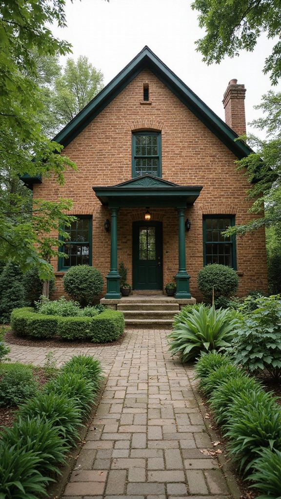 45 Tan Brick House Exterior Color Schemes That Pop - 9. Deep Forest Green with Light Beige
