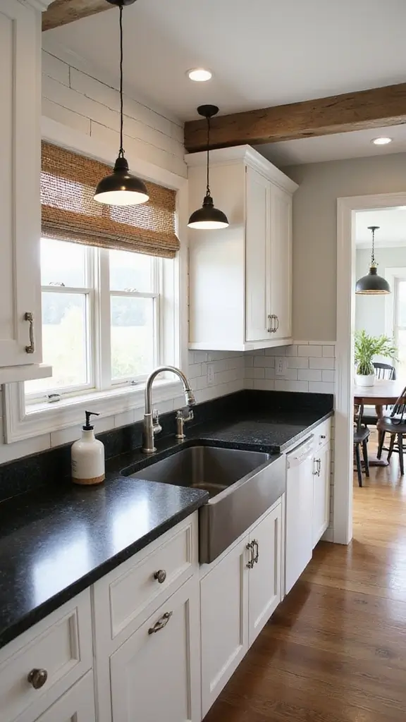 46 Black Granite Countertops Kitchen Designs That Shine Bright - 16. Farmhouse Style with a Twist