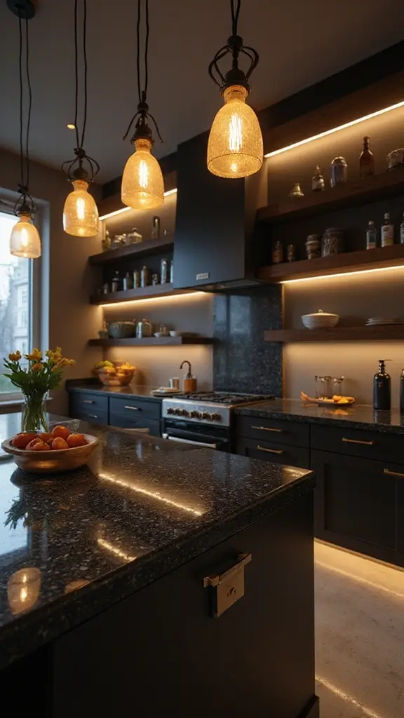 46 Black Granite Countertops Kitchen Designs That Shine Bright - 19. Beautiful Lighting Designs