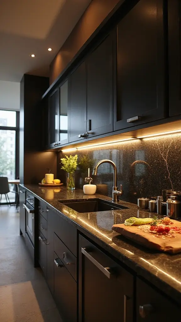 46 Black Granite Countertops Kitchen Designs That Shine Bright - 32. Layered Lighting Techniques
