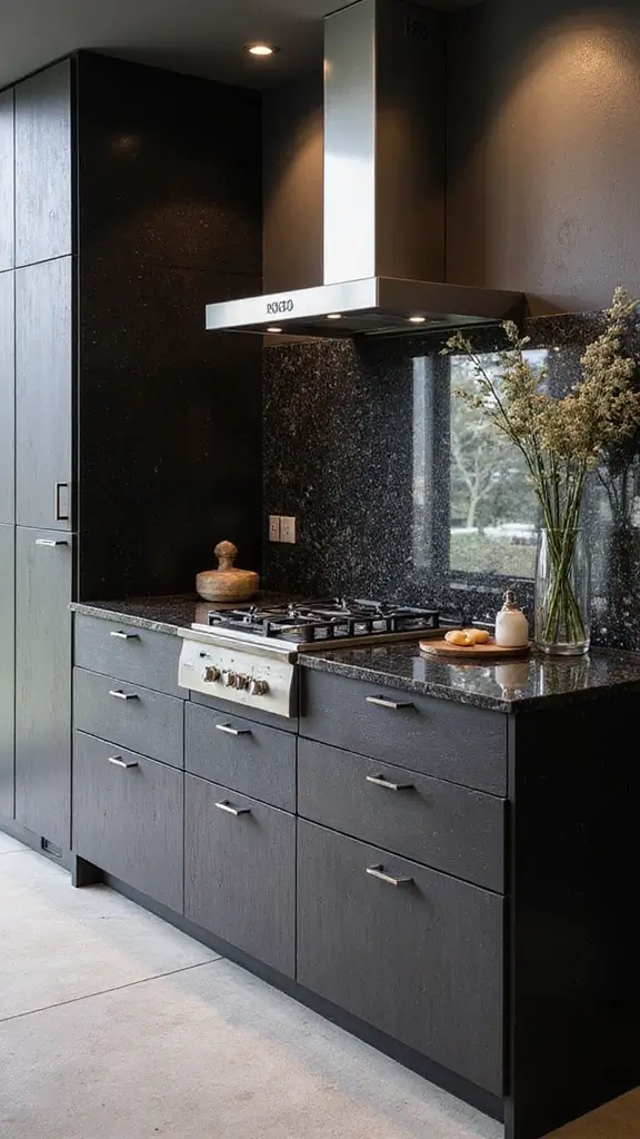 46 Black Granite Countertops Kitchen Designs That Shine Bright - 35. Textured Cabinet Finishes