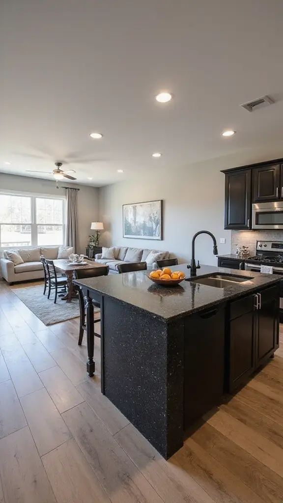 46 Black Granite Countertops Kitchen Designs That Shine Bright - 37. Open Floor Plans with Seamless Design