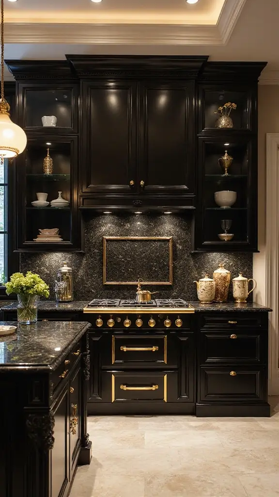 46 Black Granite Countertops Kitchen Designs That Shine Bright - 7. Glamorous Finishes with Black Granite