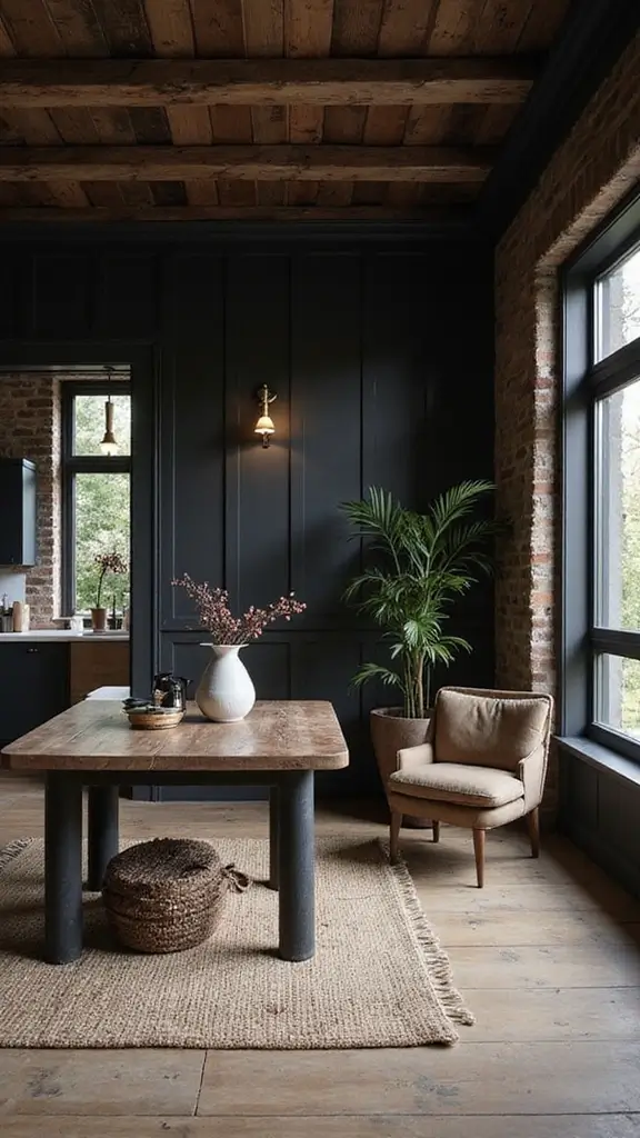 46 Black House Interior Design Looks That Make a Bold Statement - 23. Rustic Black Elements