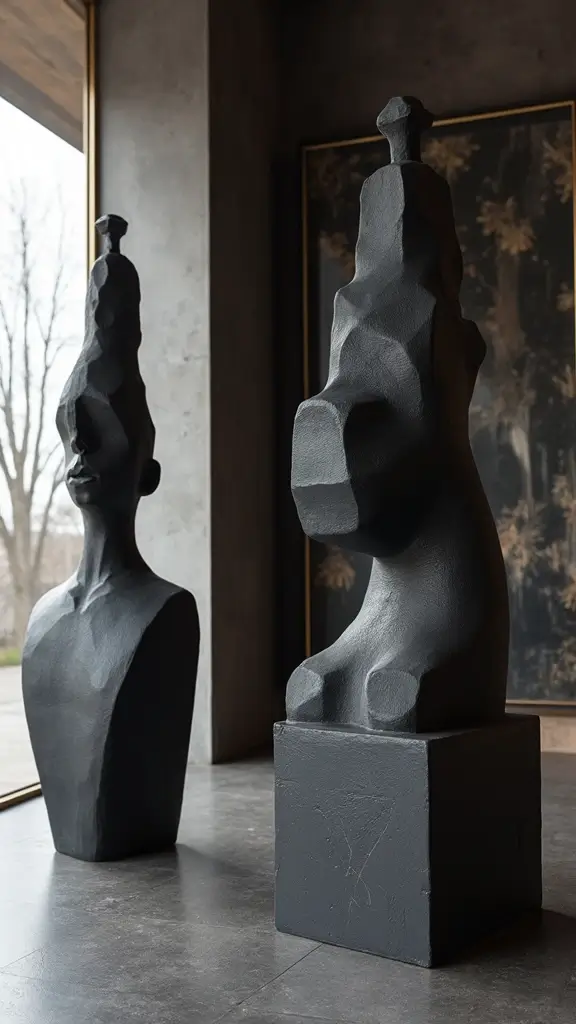 46 Black House Interior Design Looks That Make a Bold Statement - 37. Artistic Black Sculptures