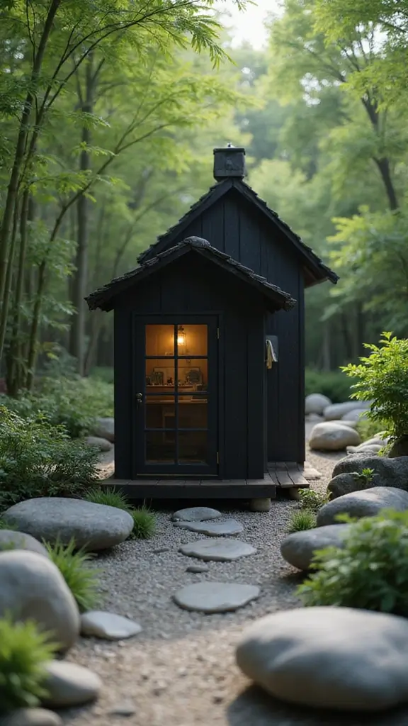 46 Black Mobile Home Exterior Design Ideas That Stand Out - 14. Zen Garden Influence