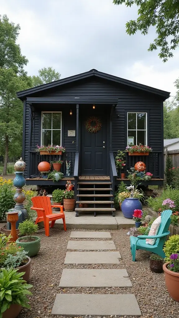 46 Black Mobile Home Exterior Design Ideas That Stand Out - 15. Whimsical Touches