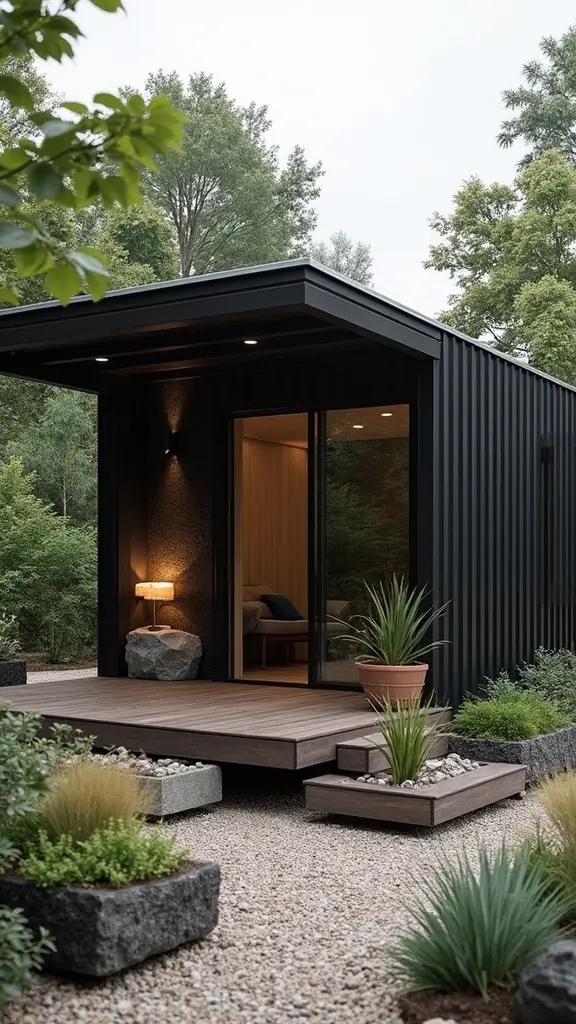 46 Black Mobile Home Exterior Design Ideas That Stand Out - 18. Layered Textures