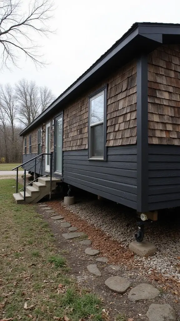 46 Black Mobile Home Exterior Design Ideas That Stand Out - 19. Textural Siding