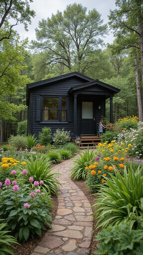 46 Black Mobile Home Exterior Design Ideas That Stand Out - 21. Native Plant Landscaping