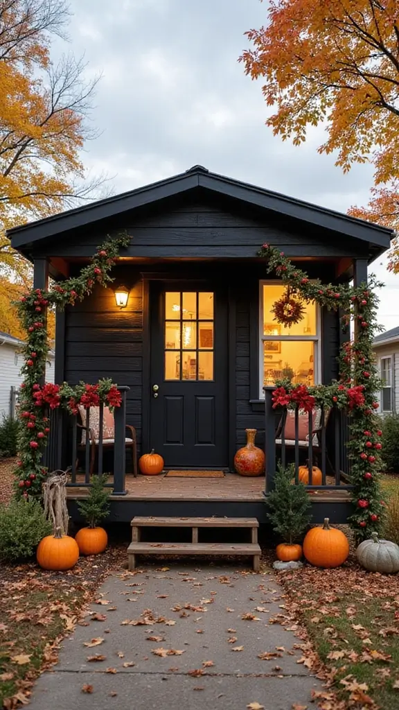 46 Black Mobile Home Exterior Design Ideas That Stand Out - 26. Seasonal Decor