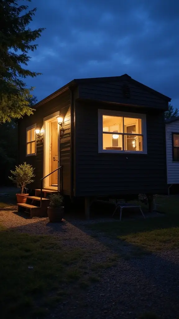 46 Black Mobile Home Exterior Design Ideas That Stand Out - 27. Layered Lighting