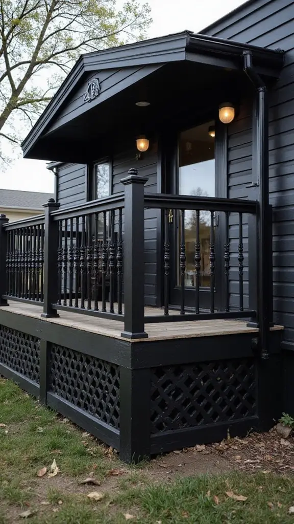 46 Black Mobile Home Exterior Design Ideas That Stand Out - 29. Elegant Railings