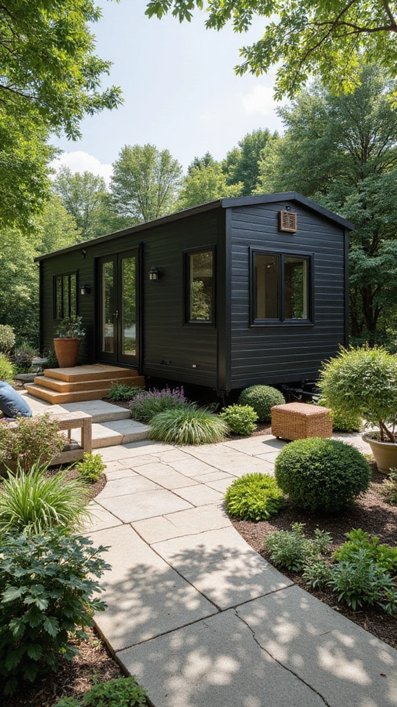 46 Black Mobile Home Exterior Design Ideas That Stand Out - 30. Courtyard Style