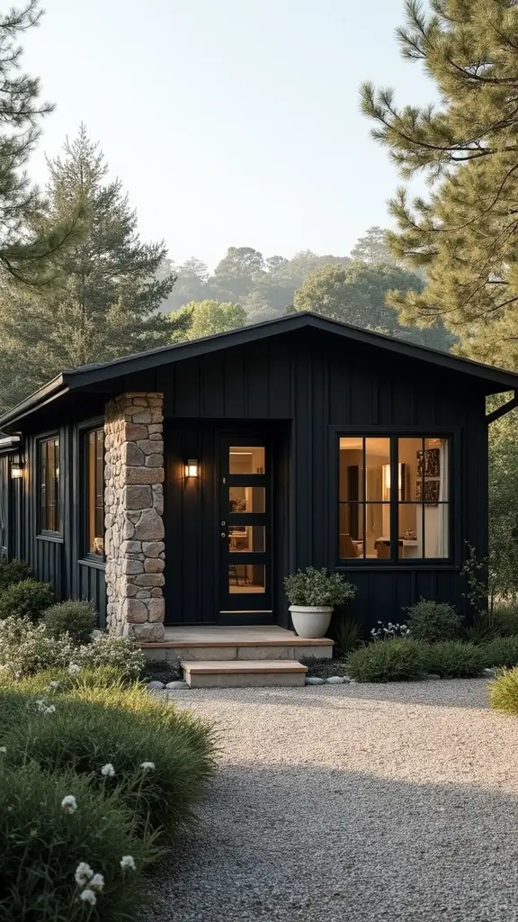 46 Black Mobile Home Exterior Design Ideas That Stand Out - 31. Natural Stone Accents