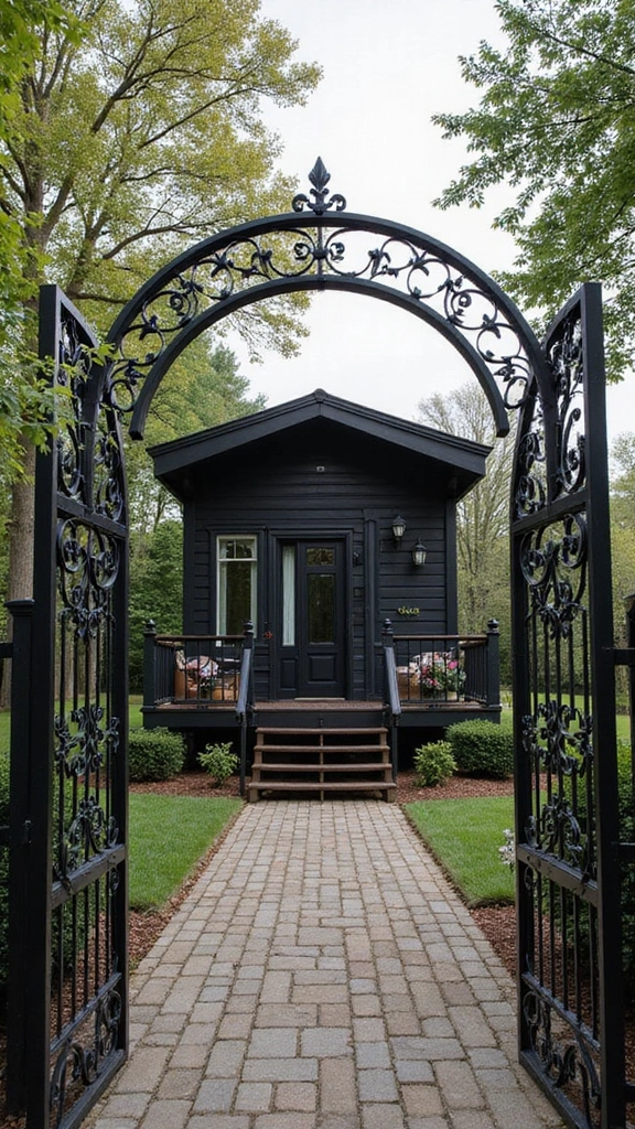 46 Black Mobile Home Exterior Design Ideas That Stand Out - 32. Artistic Fences