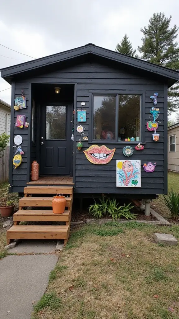 46 Black Mobile Home Exterior Design Ideas That Stand Out - 33. Creative Outdoor Art